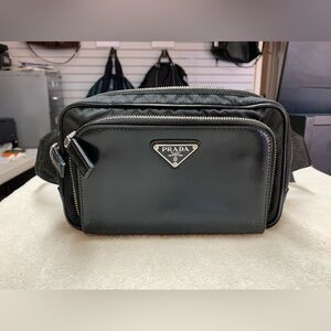 Prada Black Re-Nylon Smooth Leather Belt Bag